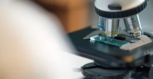 Microscopio con obiettivo in uso e vetrino posizionato sul tavolino in un laboratorio scientifico ben illuminato.
