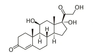 Diagramma della struttura chimica di un composto organico steroideo con gruppi ossidrili e carbonile.