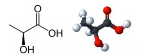 Struttura dell'acido lattico: a sinistra modello chimico planare con gruppi funzionali, a destra modello 3D con atomi colorati (carbonio nero, ossigeno rosso, idrogeno bianco)