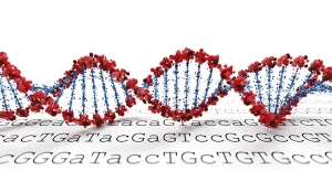 Modello tridimensionale della doppia elica di DNA con sfere rosse e blu rappresentanti componenti molecolari e lettere A, C, G, T sullo sfondo