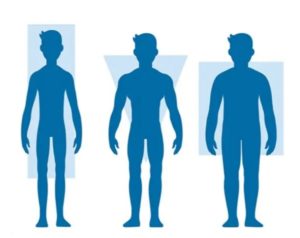 Tre sagome umane blu stilizzate che rappresentano i somatotipi: corpo magro (ectomorfo), muscoloso (mesomorfo) e arrotondato (endomorfo), con forme geometriche di sfondo.