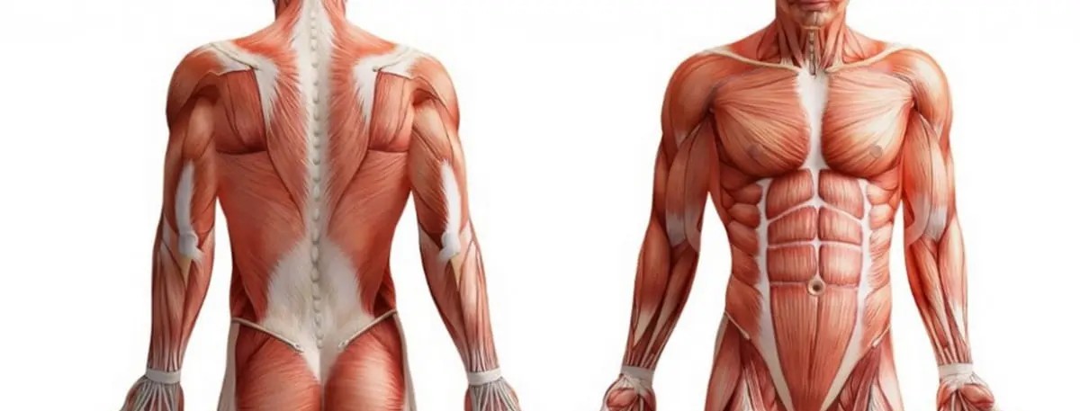 Illustrazione del sistema muscolare umano con vista posteriore a sinistra e vista anteriore a destra, evidenziando muscoli come trapezio, dorsali, addominali e pettorali.