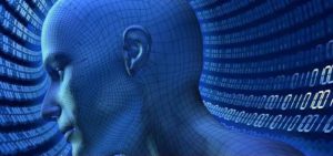 Testa umana in stile wireframe blu vista di profilo con numeri binari su sfondo futuristico