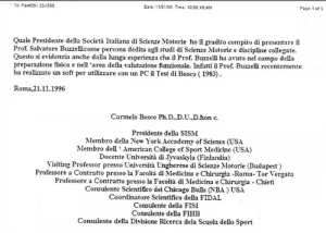 Immagine di una lettera di presentazione datata 21 novembre 1996, firmata dal Presidente della Società Italiana di Scienze Motorie (SISM), Carmelo Bosco, che raccomanda il Prof. Salvatore Buzzelli.