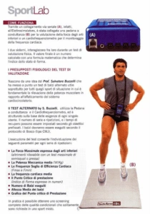 Immagine che mostra il sistema SportLab con un dispositivo etichettato come (A) e una persona che effettua un test fisico su una pedana "Sedócardio" (B), con focus sulla valutazione cardiaca e la capacità fisica.
