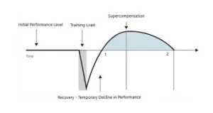 Grafico che illustra il concetto di supercompensazione: mostra il calo delle prestazioni dopo l’allenamento, il recupero e l’aumento del livello di performance oltre il punto iniziale.