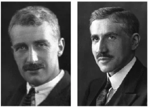Fotografia in bianco e nero di Archibald Vivian Hill (a sinistra) con un altro uomo in abito formale.