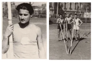 Due foto in bianco e nero: a sinistra, un uomo (Yuri Verkhoshansky) con un’asta per il salto con l'asta; a destra, tre uomini con aste per salto con l'asta in un ambiente all'aperto.