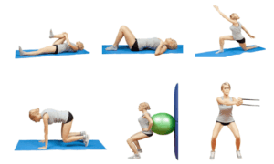 Sei pose diverse di esercizi fisici su tappetino e in piedi, con uso di attrezzi e posture statiche.