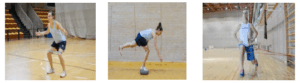 Tre persone eseguono esercizi di resistenza ed equilibrio in palestra con l’uso di bande elastiche e superfici instabili.