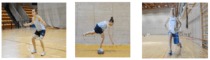 Tre persone eseguono esercizi funzionali in palestra: squat con banda, equilibrio su cuscino, uso del foam roller.