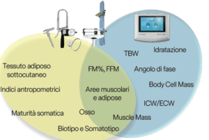 Diagramma di Venn che confronta due approcci di analisi corporea, uno tradizionale e uno tecnologico.