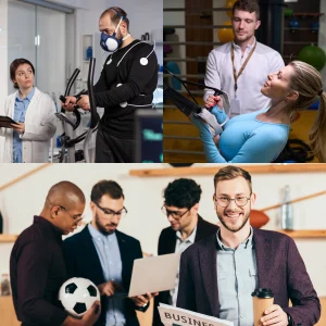 Due ambienti a confronto: in alto test di esercizio fisico con maschera respiratoria e bande elastiche sotto supervisione, in basso scena di ufficio con uomini in abiti formali, uno con pallone da calcio e rivista Business.