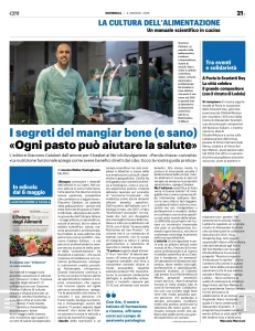 Pagina di rivista in italiano sul tema dell'alimentazione scientifica, con foto di Giacomo Catalani in laboratorio e titolo "I segreti del mangiar bene (e sano)"