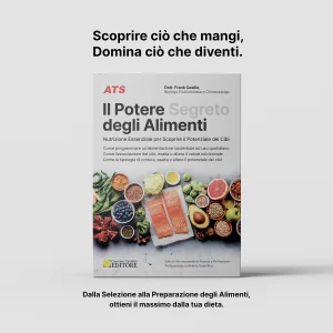 Copertina del libro "Il Potere Segreto degli Alimenti" di Frank Casillo, con immagini di pesce, verdure e cereali.