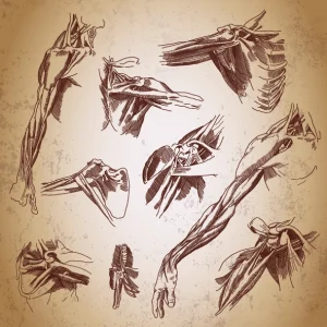 Schizzi anatomici a mano che raffigurano muscoli, ossa e articolazioni del braccio e della spalla umana su sfondo pergamena.