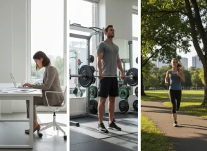 Trittico che mostra una donna al lavoro al computer, un uomo che solleva pesi in palestra e una donna che corre in un parco urbano.