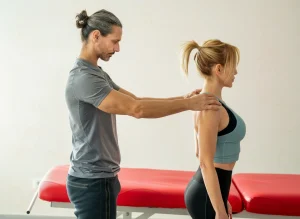 Fisioterapista maschile esegue un trattamento alla spalla di una donna seduta su un lettino rosso in ambiente clinico.