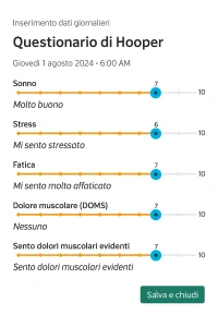 Modulo digitale con quattro scale visive per il monitoraggio quotidiano di sonno, stress, fatica e dolore muscolare.