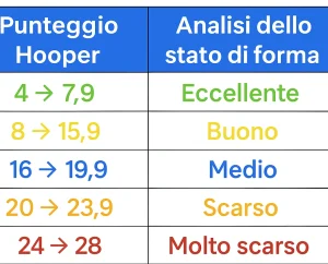 Tabella che classifica il livello di forma fisica in cinque categorie basate su punteggi numerici derivati da un questionario di valutazione.