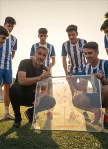 Allenatore accovacciato che spiega schemi tattici su lavagna trasparente a giovani calciatori in divisa.