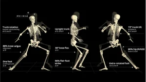 Ricostruzione biomeccanica 3D che mostra il meccanismo di lesione del legamento crociato anteriore durante un movimento dinamico.