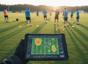 Allenatore analizza dati GPS e heatmap su tablet durante allenamento di calcio al tramonto.