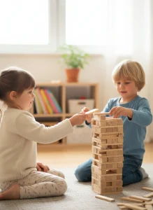 Due bambini giocano insieme con blocchi di legno, costruendo una torre alta e instabile in una stanza luminosa.