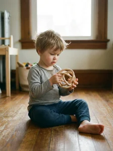 Bambino seduto sul pavimento che osserva un giocattolo sensoriale in legno in una stanza luminosa.