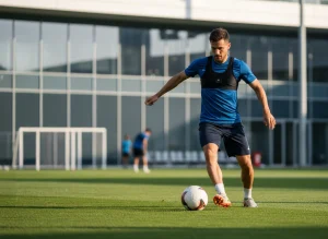 Calciatore professionista in allenamento con pettorina GPS per il monitoraggio del carico esterno.