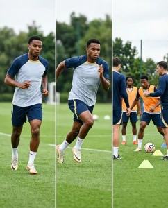 Calciatore professionista durante diverse fasi di allenamento per il monitoraggio del carico esterno.