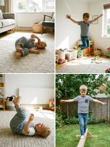 Collage di quattro fotografie che mostrano bambini impegnati in gioco libero e attività fisica, sia all’interno che all’esterno.