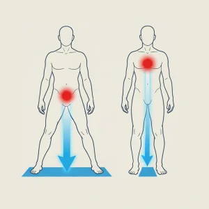 Illustrazione didattica di due figure umane che mostrano come la base d'appoggio e il centro di massa influenzano stabilità ed equilibrio.