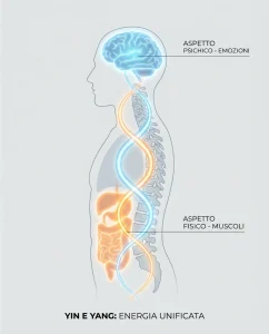 Infografica moderna che mostra la connessione mente-corpo con cervello, colonna vertebrale e apparato digerente uniti da energia Yin e Yang.