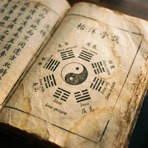 Antico manoscritto aperto con simbolo Yin e Yang circondato dai trigrammi del Bagua, testi in caratteri cinesi e annotazioni in latino su pergamena ingiallita.