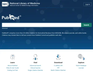 Screenshot della home page di PubMed con barra di ricerca, logo NIH/NLM e collegamenti agli strumenti di ricerca biomedica.