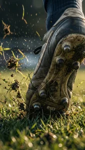 Scarpino da calcio con tacchetti che affondano nell’erba, terra e fango sollevati durante un cambio di direzione.