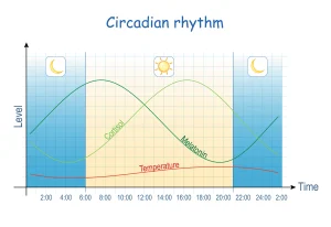 Grafico dei ritmi circadiani che mostra l’andamento di melatonina, cortisolo e temperatura corporea nel ciclo luce-buio di 24 ore.