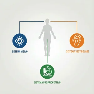 Illustrazione didattica del corpo umano che integra sistema visivo, vestibolare e propriocettivo per il mantenimento dell’equilibrio.