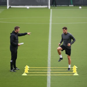Allenatore e calciatore durante esercizio di agilità e coordinazione su campo da calcio