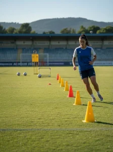 Calciatrice durante un allenamento di agilità e coordinazione con coni su campo da calcio all’aperto