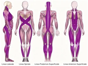 Schema delle catene miofasciali del corpo umano con linea anteriore, posteriore, laterale e spirale evidenziate