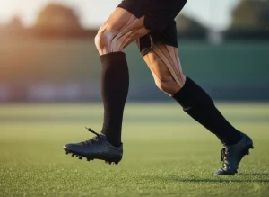 Gambe di calciatore in corsa con muscoli evidenziati per analisi della biomeccanica sportiva