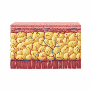 Illustrazione anatomica del tessuto adiposo sottocutaneo con adipociti gialli, vasi sanguigni e strati della pelle.