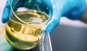 Primo piano di un fluido viscoso versato da un becher a una provetta, a simboleggiare lo studio reologico del comportamento meccanico e dello scorrimento.