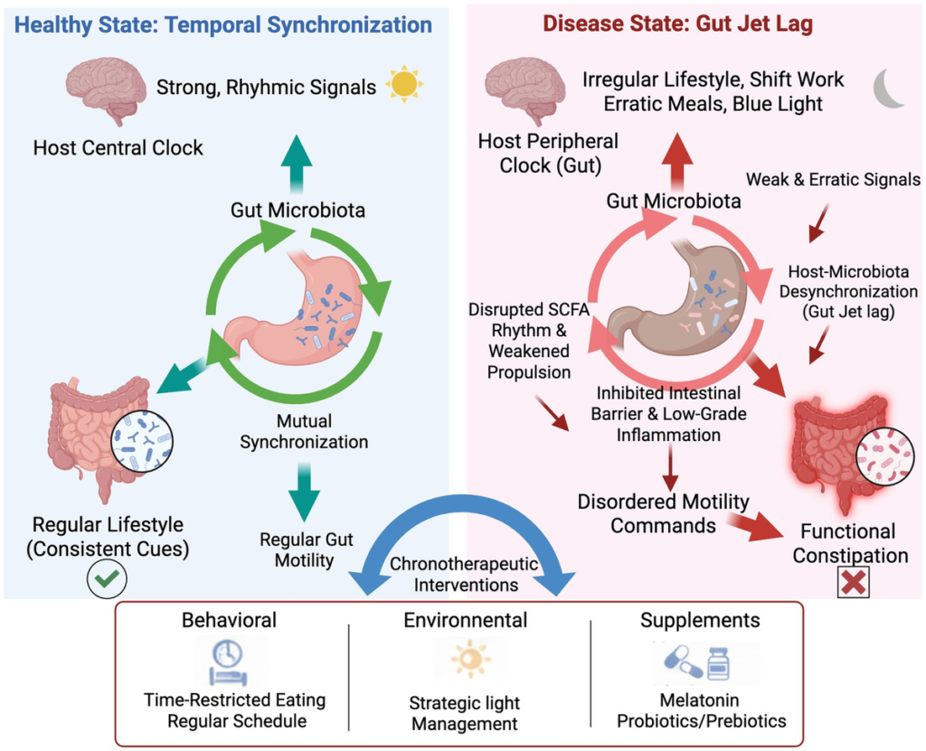 Infografica che confronta lo stato di salute con sincronizzazione temporale e lo stato di malattia con gut jet lag e infiammazione intestinale.